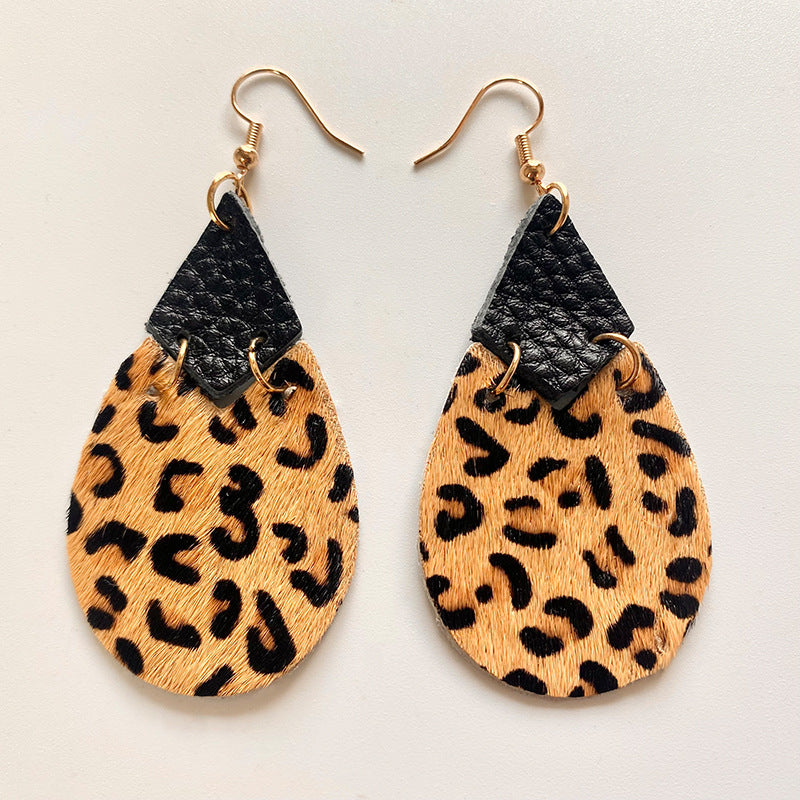 Wholesale 2pcs Cow Grain Leather Top Layer Cowhide Round Water Droplet Cow Head Retro Horsehair Quality Texture Fashionable Earrings